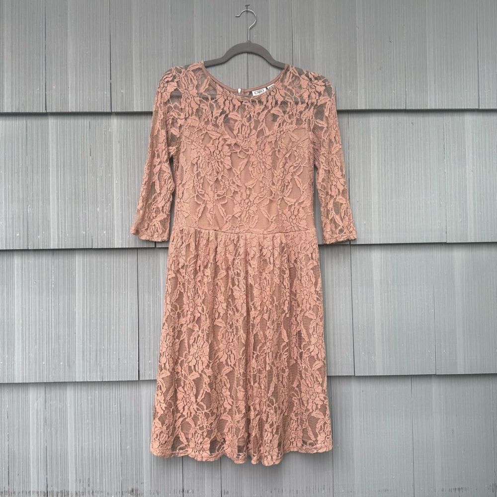Cato Floral Lace Knee Length Dress, 3/4 Long Sleeve, Blush Pink Tan, Size 6